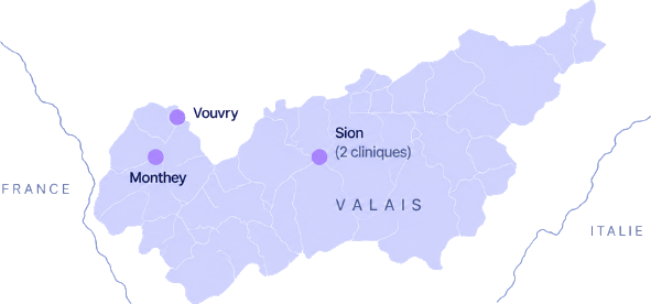 Carte du Valais avec les cliniques de Monthey, Vouvry et Sion